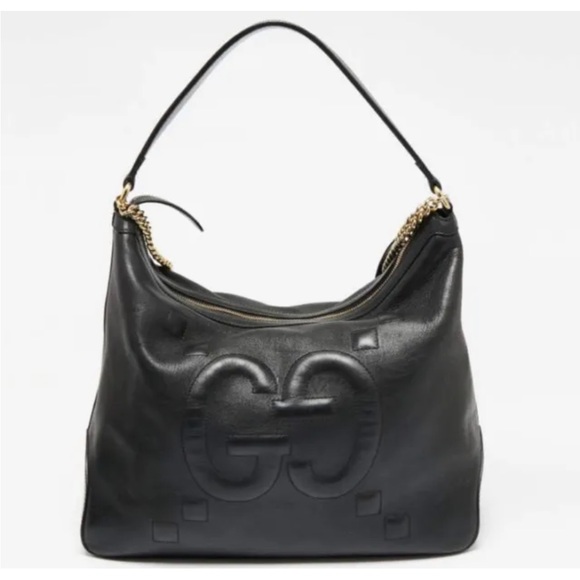 GUCCI BLACK LEATHER EMBOSSED APOLLO LOGO HOBO SHOULDER/TOTE BAG/GOLD CHAIN NWT - Picture 4 of 10